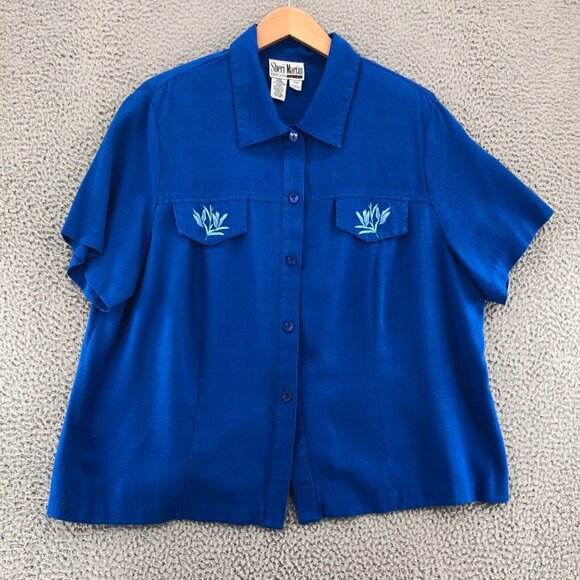 Sheri Martin Top Womens 22W Plus Blue Button Floral Embroidered Short Sleeves - Picture 1 of 10